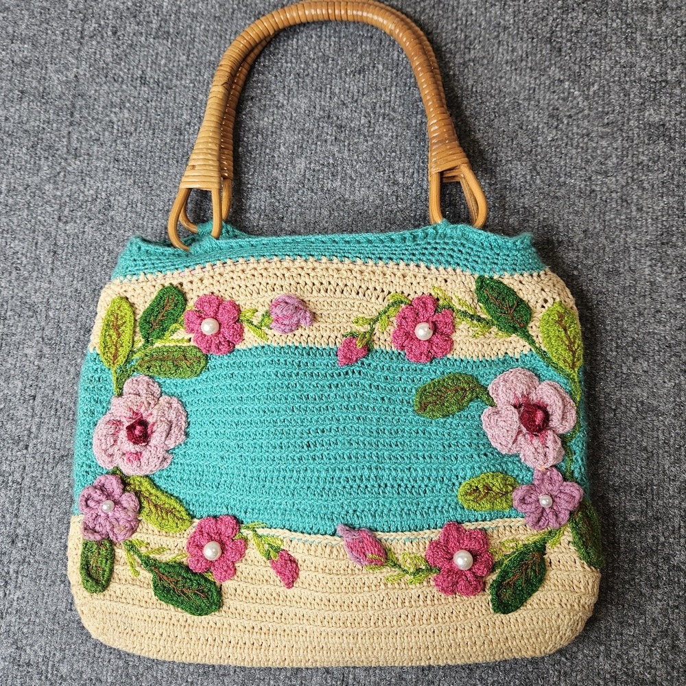 Handmade Crochet Purse Floral Rattan Handles‎ Boho Cottagecore Grandmacore